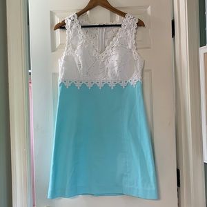 Lilly Pulitzer white lace and light blue dress size 8 excellent condition!